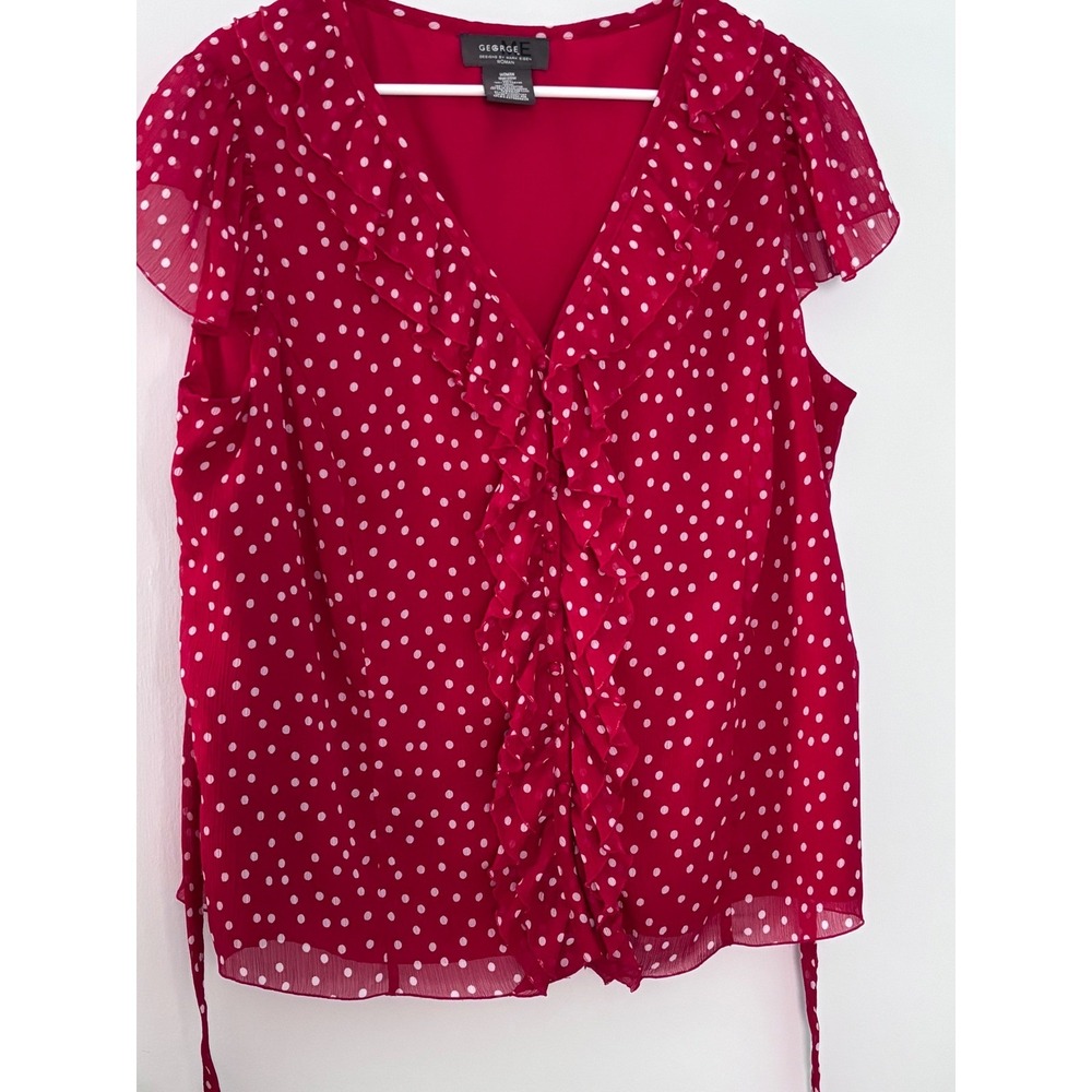 George Red Polka Dot Ruffle Blouse and Tiered Skirt Two Piece Set Womens
